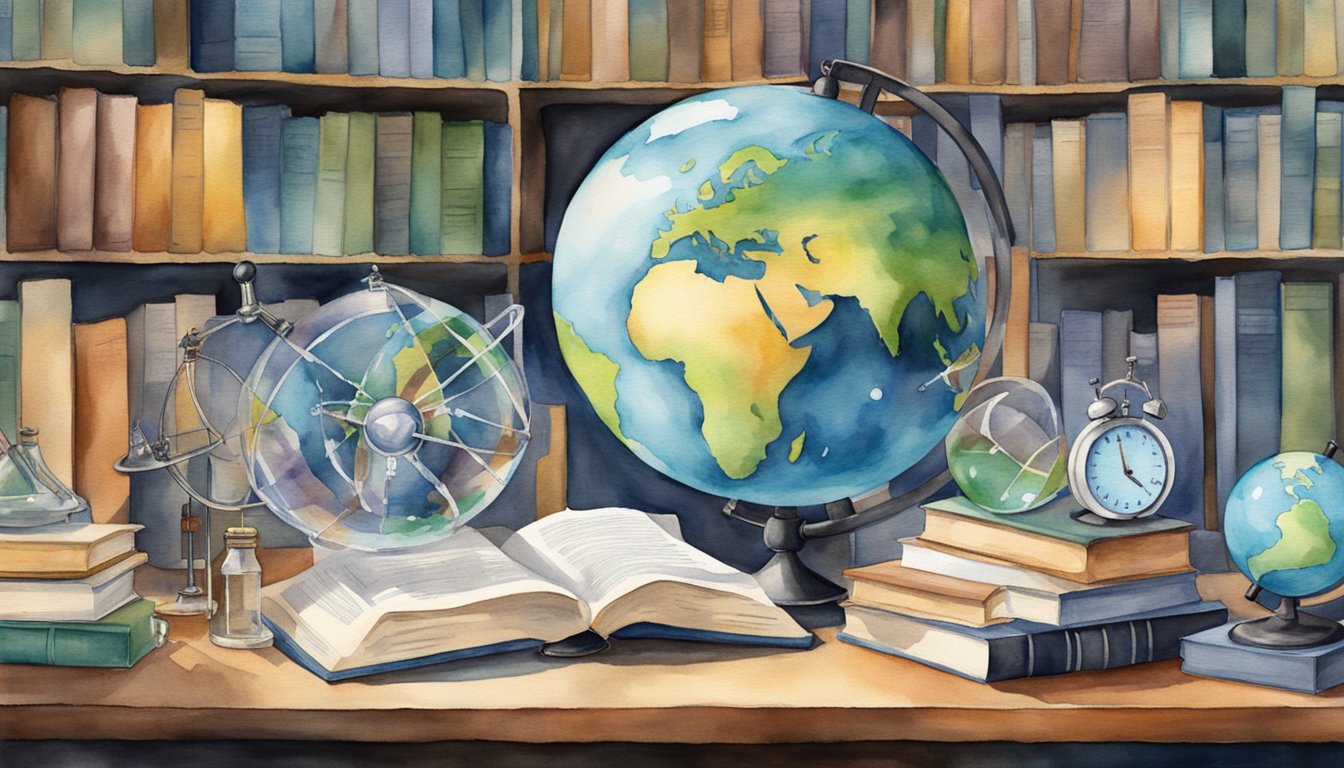 Scientists' books surround a globe, symbolizing global impact.</p><p>Tech gadgets and lab equipment fill the background, highlighting science's influence on society