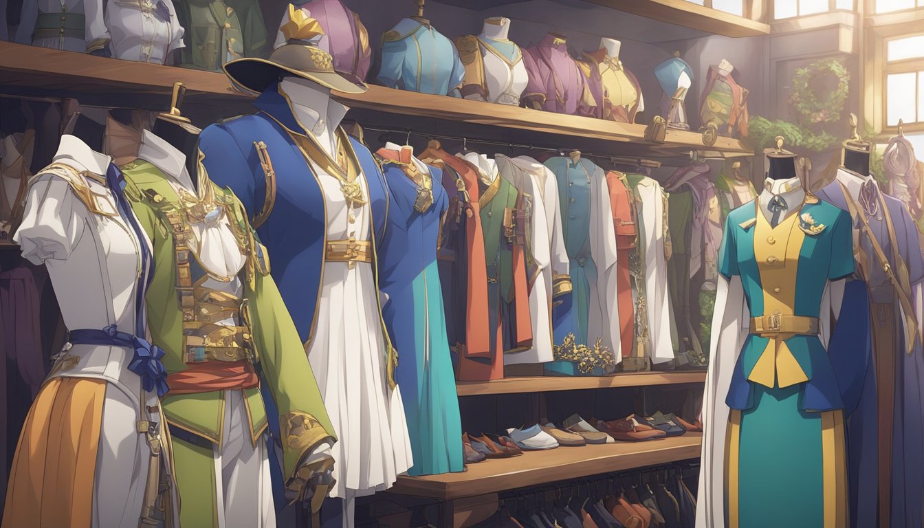 A collection of specialty costumes and roleplay attire displayed on mannequins and racks, including historical, fantasy, and character-themed outfits