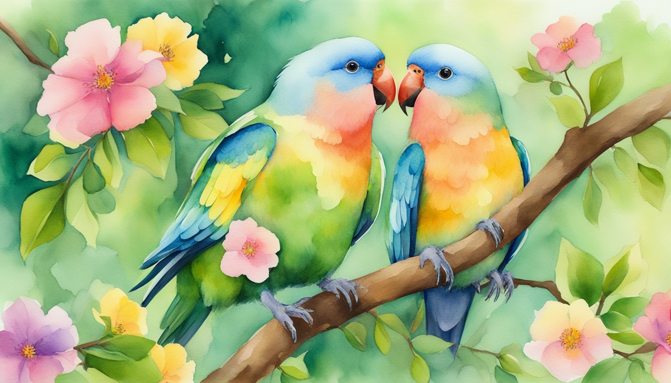 Two lovebirds perched on a tree branch, surrounded by colorful flowers and fresh green leaves.</p><p>They are preening each other's feathers, showing affection and care