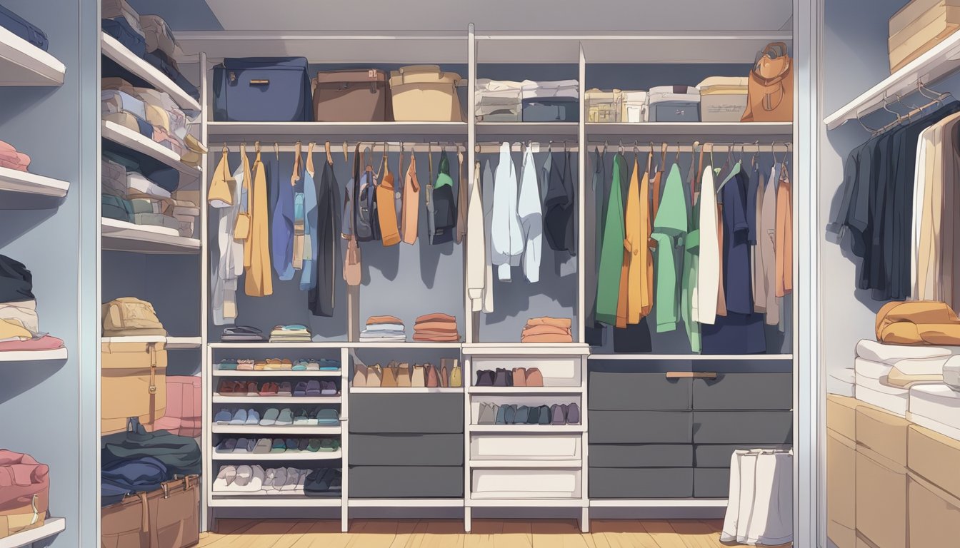 A neatly organized closet with labeled sections for different types of clothing, shelves for accessories, and a clear inventory list displayed on the door