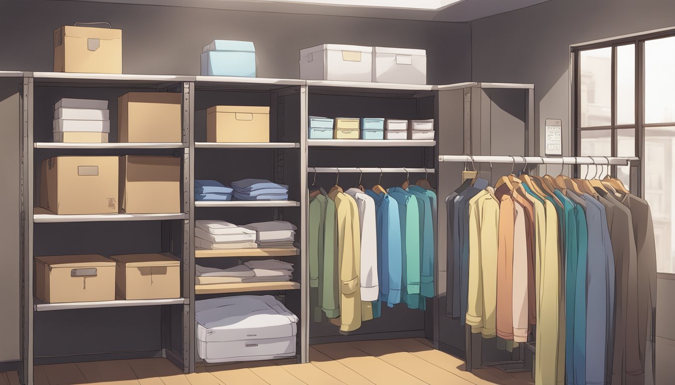 A closet with neatly arranged shelves and hangers, labeled boxes for accessories, and a notebook for inventory tracking