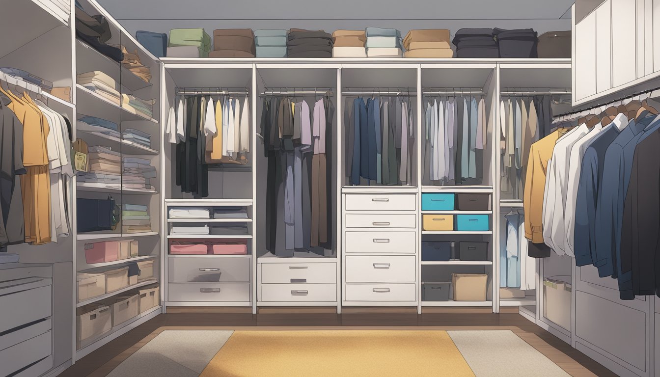 A neatly organized wardrobe with labeled sections and color-coordinated clothing, with a digital inventory tracking system displayed on a computer screen