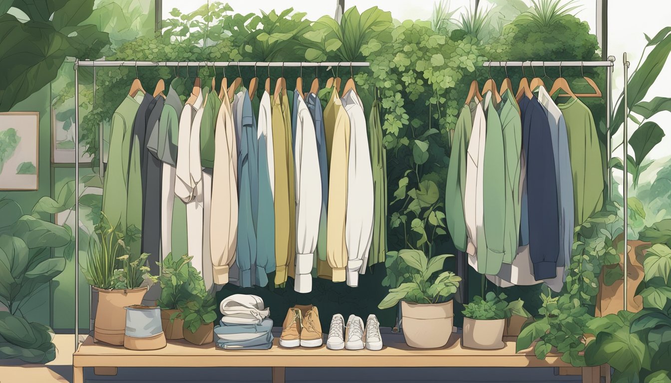 A clothing rack filled with eco-friendly and sustainable clothing options, surrounded by green plants and natural materials