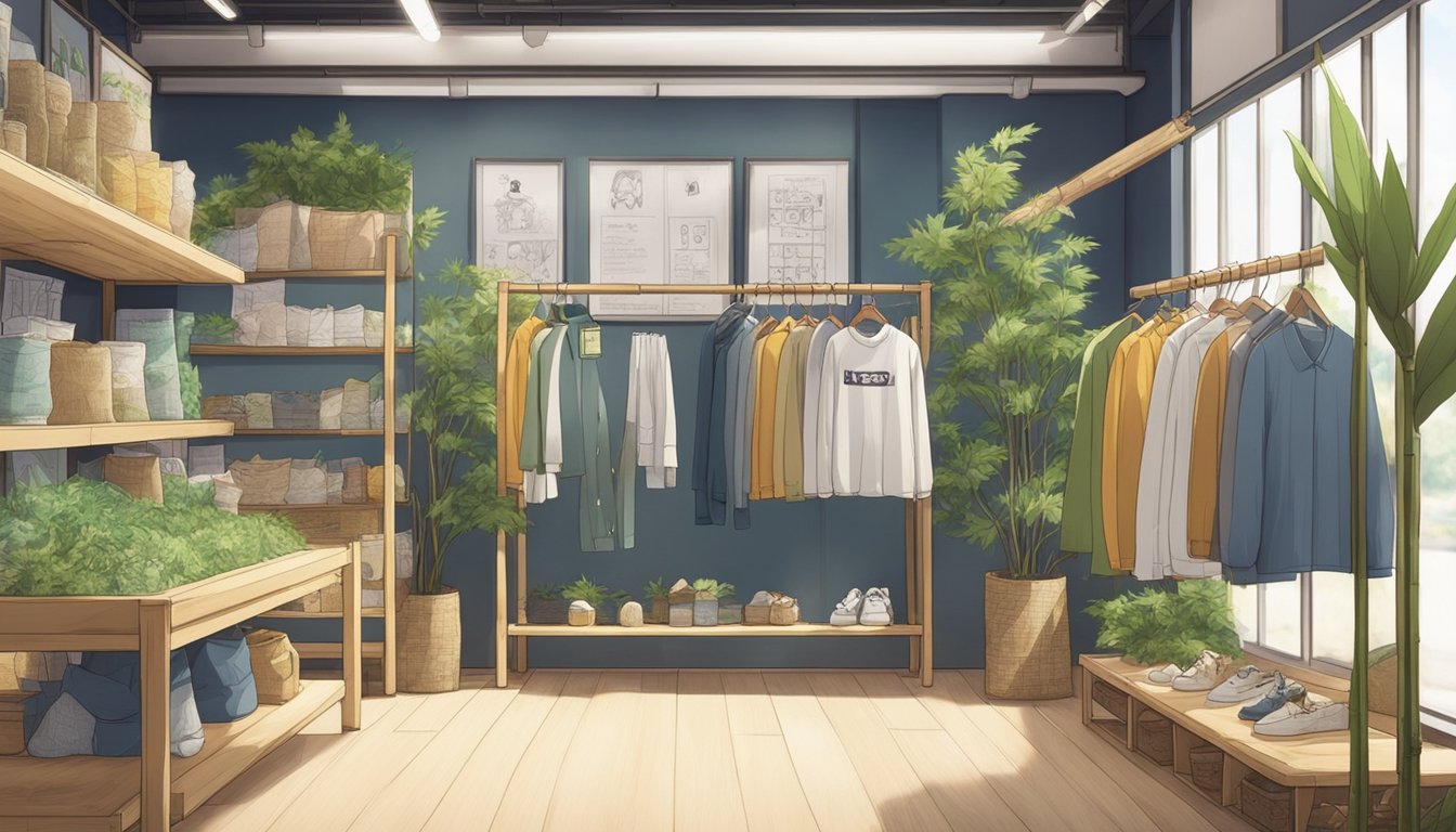 A clothing store with eco-friendly options: bamboo, hemp, organic cotton, and recycled fabrics. Display signs highlight sustainability