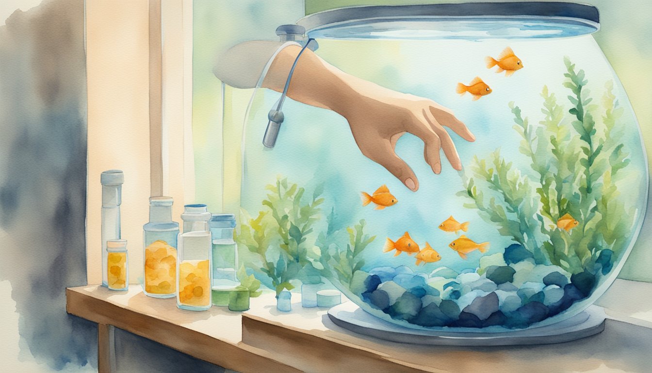 A hand reaches for a bottle of fish antibiotics, followed by a fish tank with fish receiving the medication