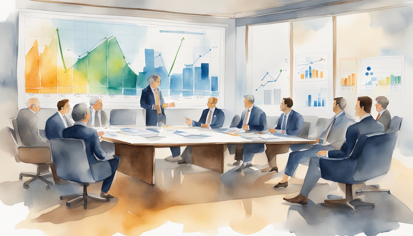 A boardroom meeting with charts and graphs on the wall, executives discussing ESG investment strategies