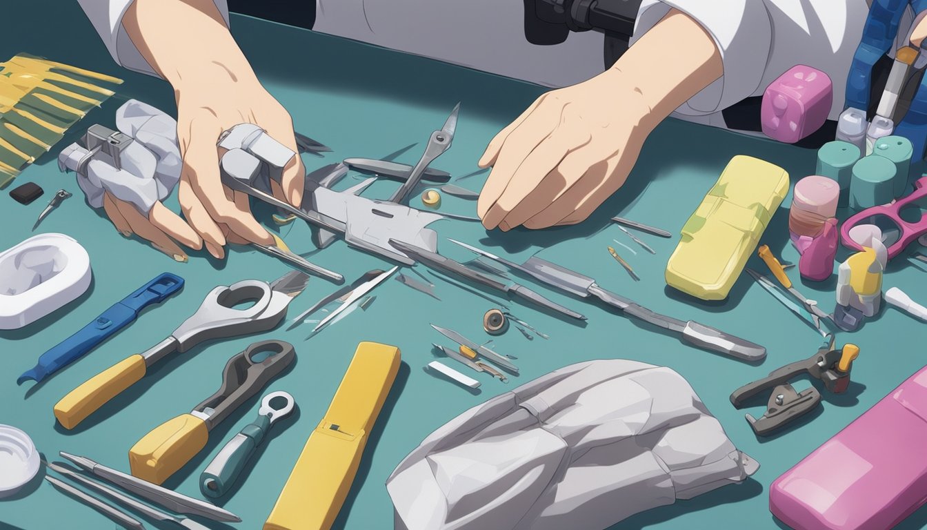 A table with various tools and materials for repairing sex dolls. A small tear on a doll's arm being carefully patched up with a repair kit