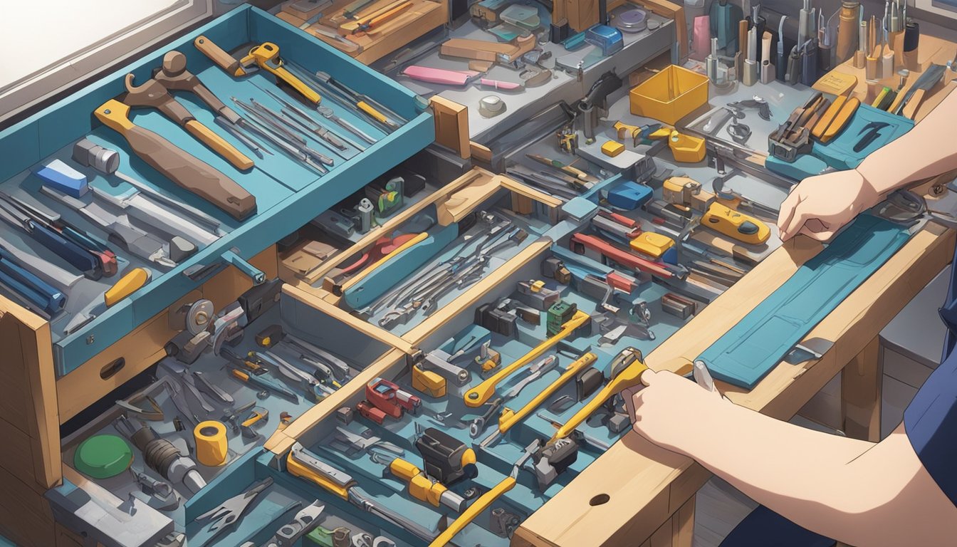 A toolbox sits open on a workbench, with various tools scattered around. A small crack in a sex doll's arm is being repaired with a small tube of adhesive