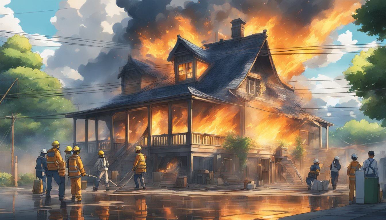 A house engulfed in flames being extinguished by water, with professional restoration equipment and workers nearby