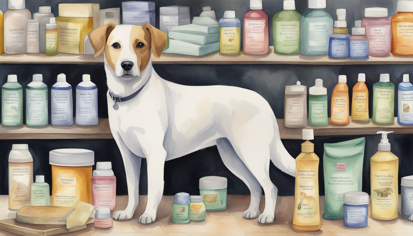 A dog standing beside a variety of flea treatment products, with a focus on labels indicating safety and health considerations