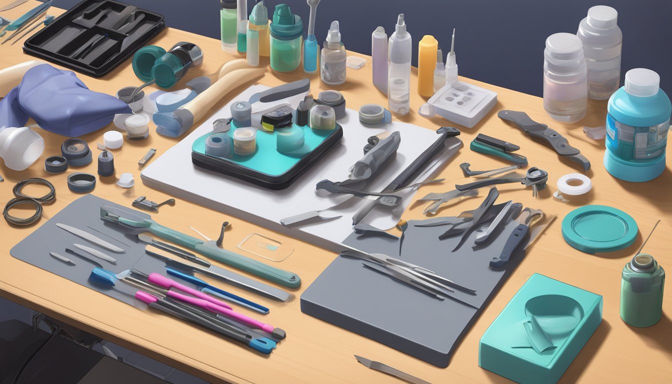 A table with various tools and materials for repairing silicone and TPE sex dolls, including adhesives, patches, and sculpting tools