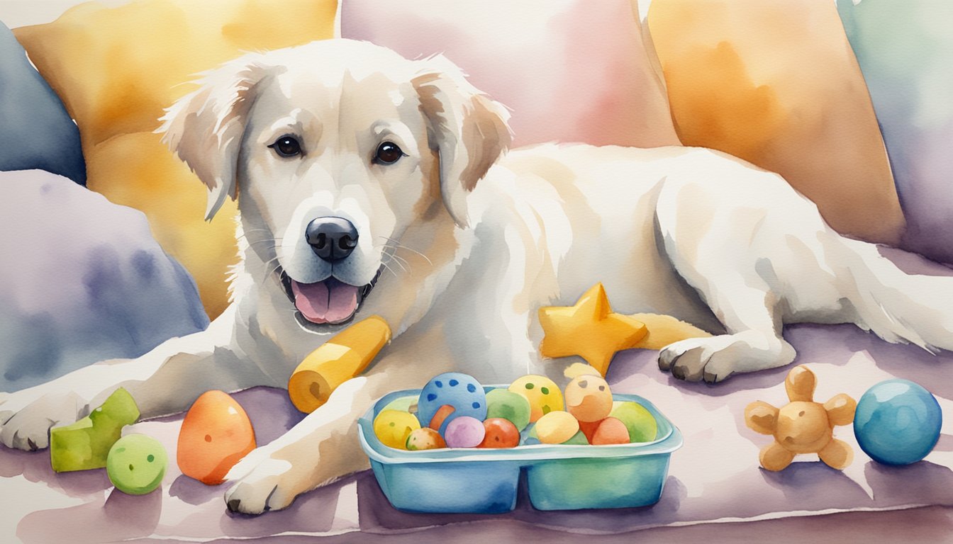 A happy dog with toys, a comfortable bed, and healthy food