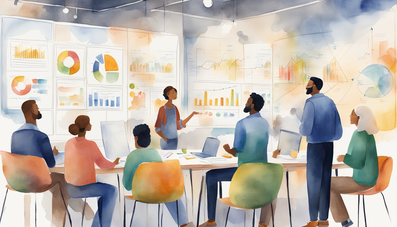 A group of diverse people engage in a lively discussion, brainstorming advanced strategies and features for a word roundup.</p><p>Charts and diagrams cover the walls, showcasing their innovative ideas