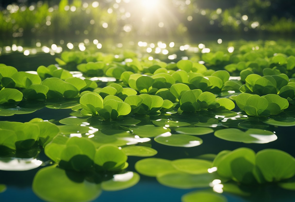 Blue-green algae floats in clear, pristine water, surrounded by vibrant aquatic plants. The sun shines down, casting a warm, golden glow on the algae, highlighting its rich green and blue hues