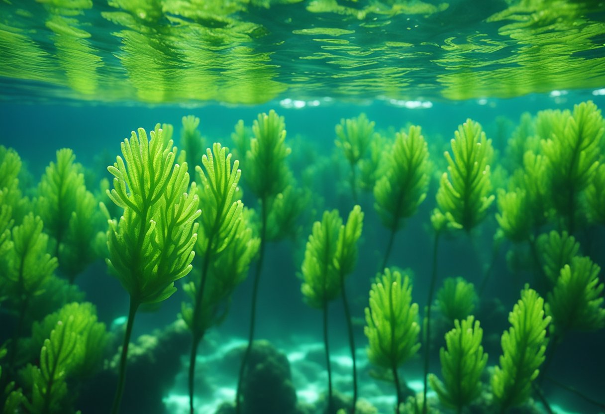 A vibrant blue-green algae floats in clear, pristine water, surrounded by diverse marine life. Sunlight illuminates the translucent fronds, highlighting its nutrient-rich composition