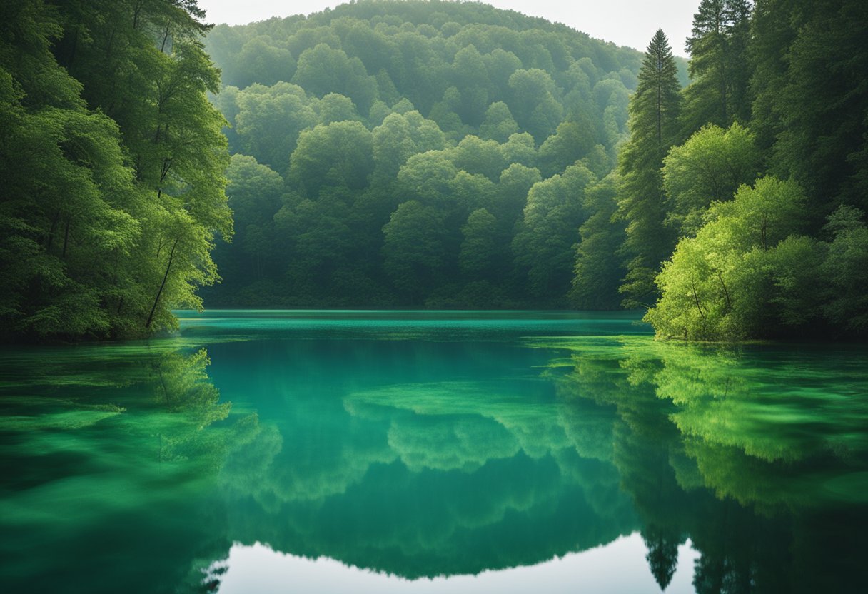 A serene lake surrounded by lush greenery, with blue-green algae floating on the surface. The water is clear and calm, reflecting the vibrant colors of the surrounding nature