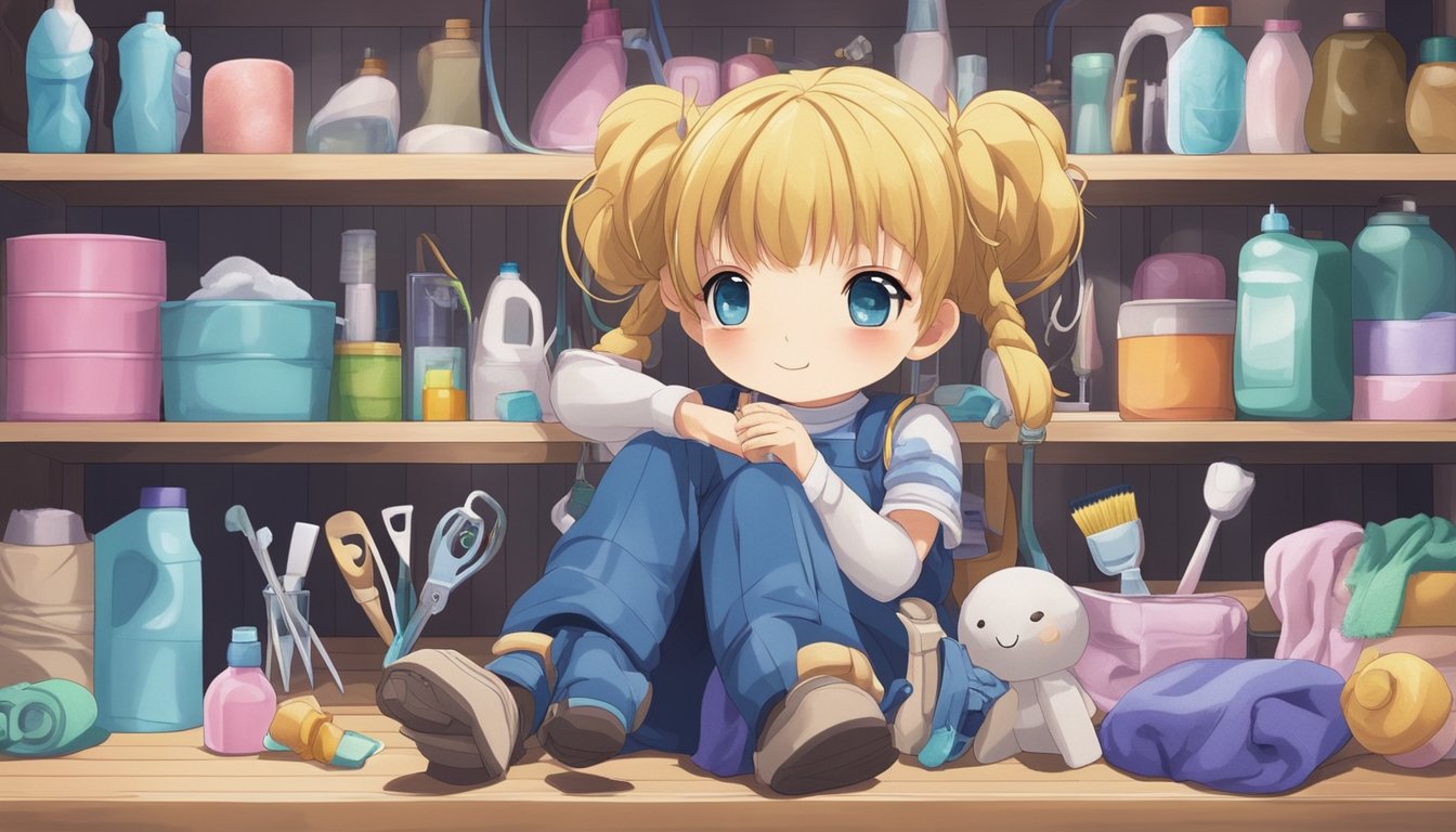 A well-loved doll sits on a shelf, surrounded by gentle cleaning supplies and repair tools. Its fabric is smooth and free from tears, and its joints move easily without any signs of wear and tear