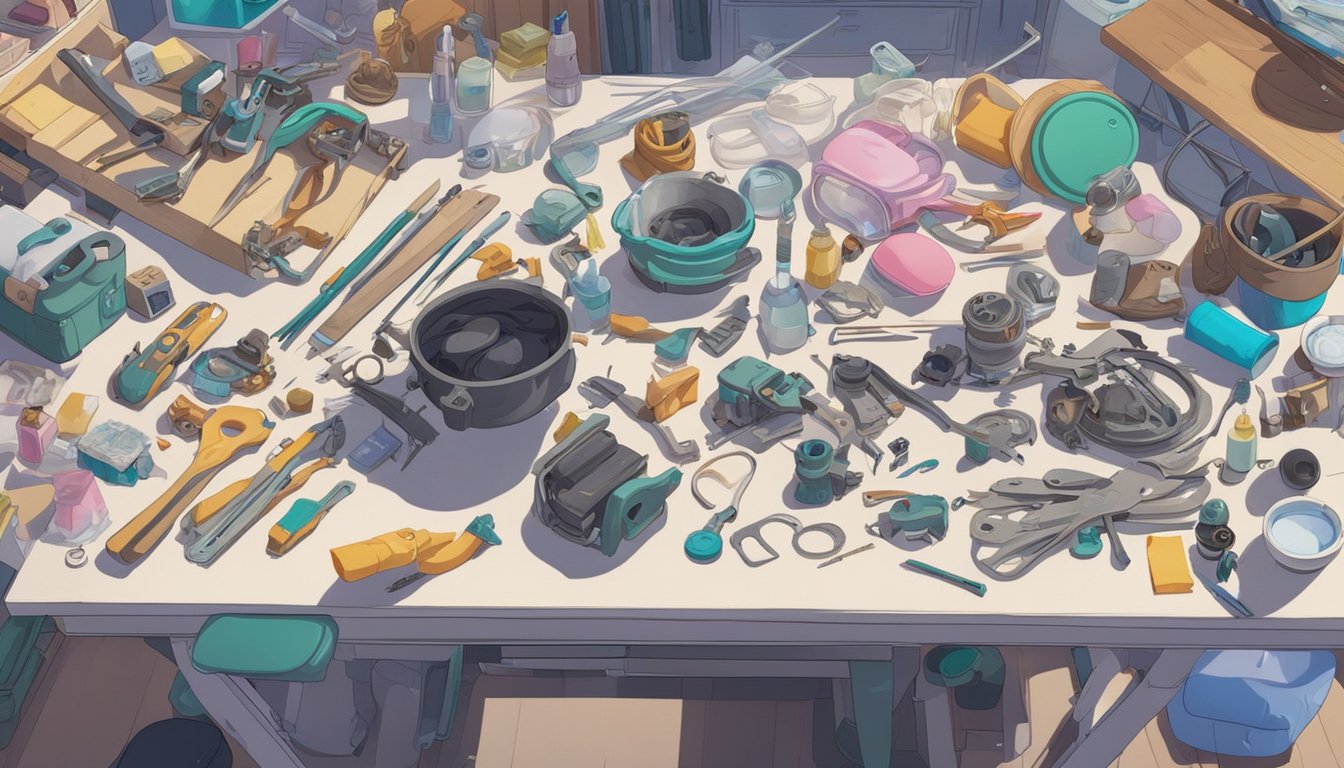 A table cluttered with tools, doll parts, and cleaning supplies. A disassembled sex doll lies on the table, ready for advanced restoration techniques