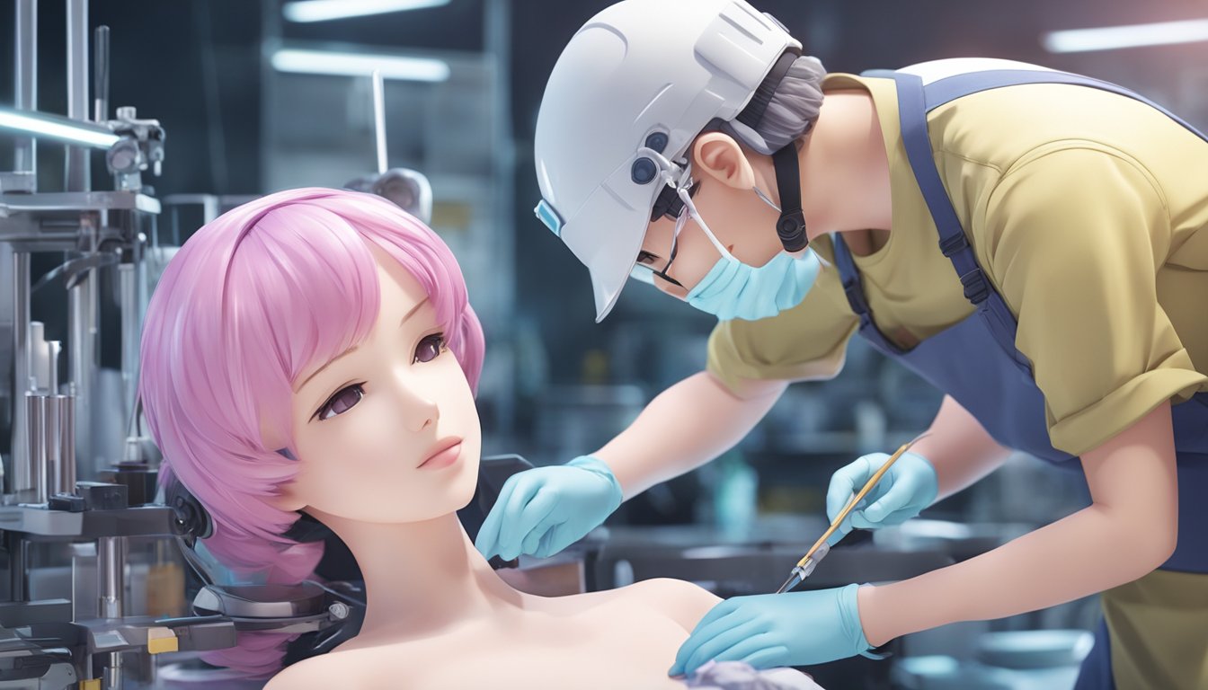 A technician meticulously applies advanced restoration techniques to a sex doll, carefully repairing and rejuvenating its surface