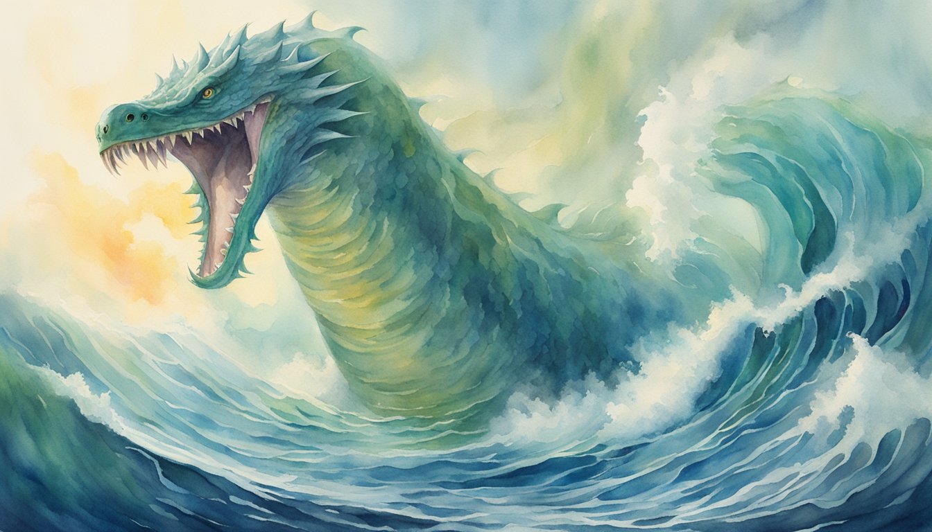 A colossal sea monster emerges from the depths, its scaled body glistening in the sunlight as it roars, towering over the surrounding waves