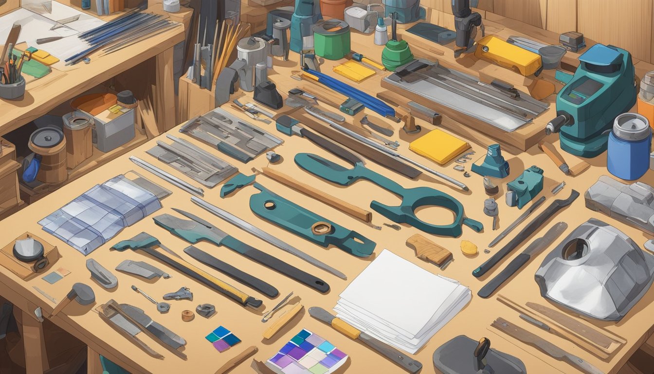 Various tools and materials laid out on a workbench, with step-by-step guides and manuals spread out for DIY restoration projects