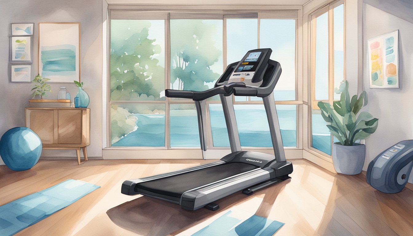 A sleek home cardio machine sits in a well-lit room, surrounded by motivational posters and a water bottle.</p><p>The machine is ready for a workout, with a towel draped over the handlebars