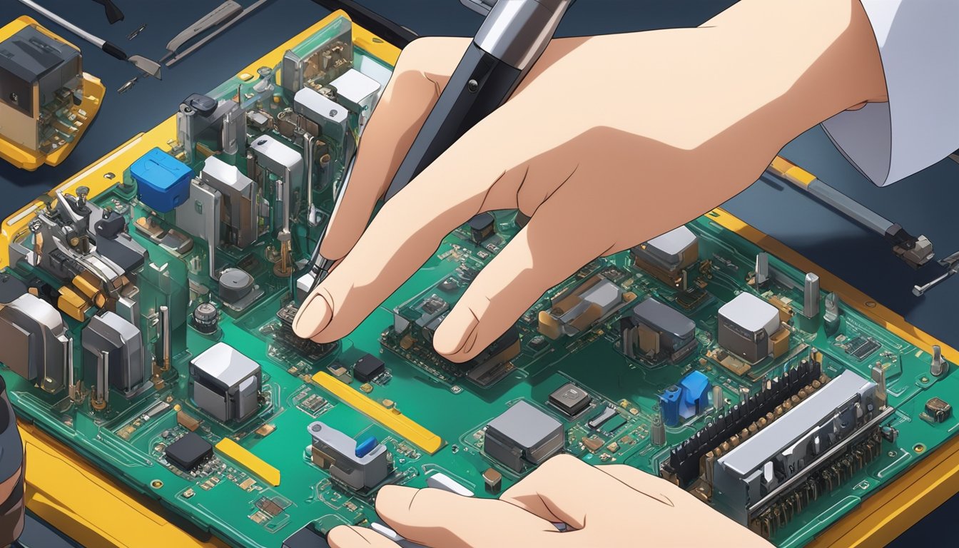 A hand holding a screwdriver unscrews the back panel of a doll, revealing internal hardware components. Wires and circuit boards are visible, ready for upgrading and updating