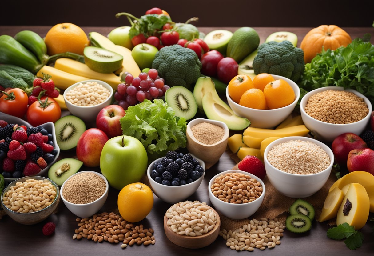 A colorful array of fruits, vegetables, whole grains, lean proteins, and healthy fats arranged on a table, with labels indicating their importance in a diabetic diet