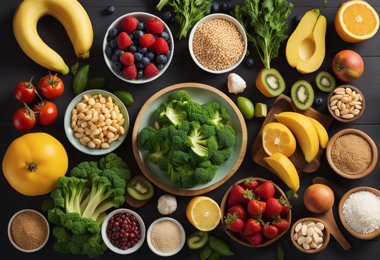 A table with 20 essential foods for a healthy diabetic diet. Fruits, vegetables, whole grains, and lean proteins are displayed in colorful and appealing arrangements