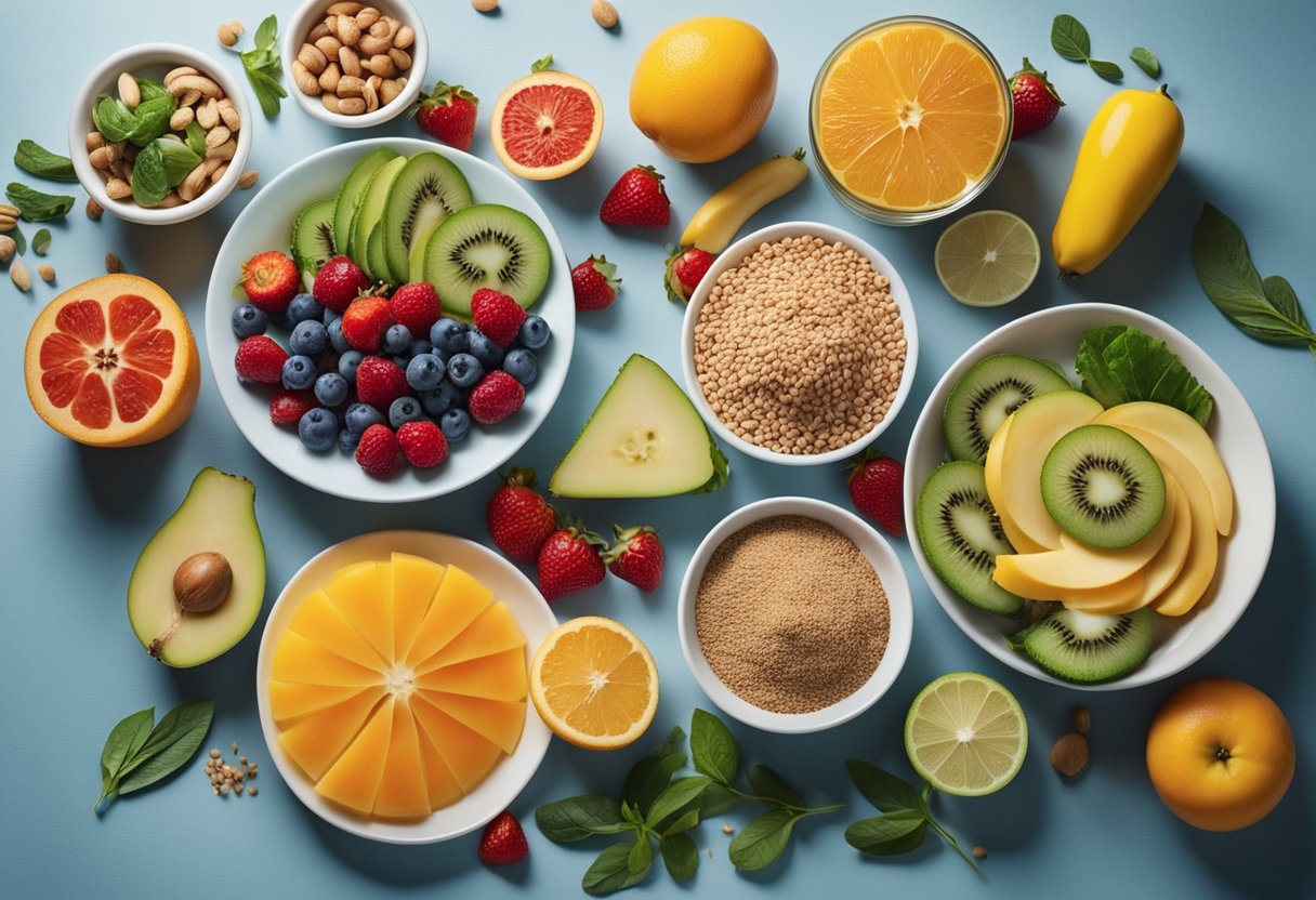 A table with a variety of colorful fruits, vegetables, whole grains, and lean proteins. A plate of balanced, healthy meals for a diabetic diet