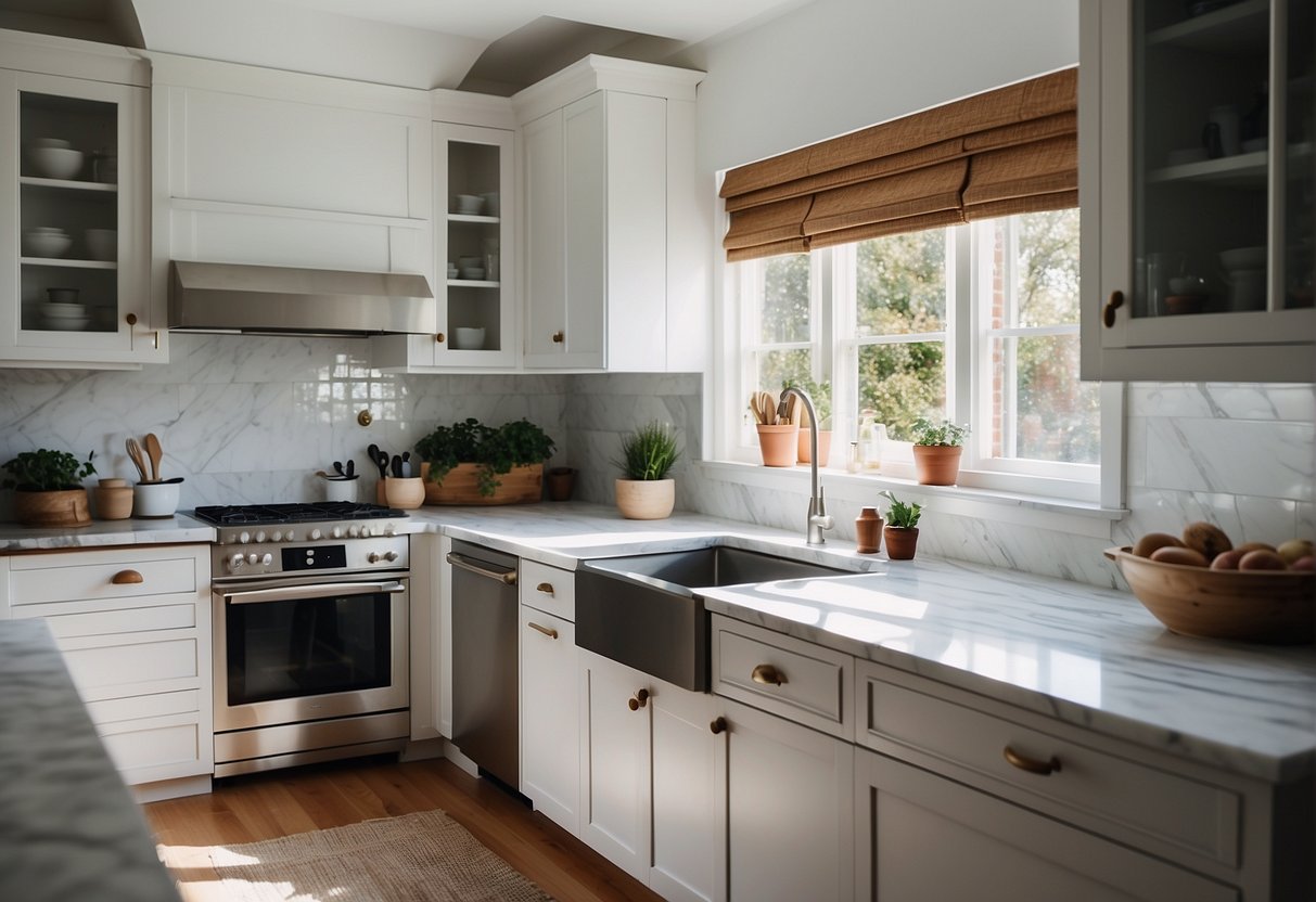 A cozy kitchen with white cabinets, marble countertops, and a small island. Natural light streams in through the window, highlighting the minimalist decor and efficient layout