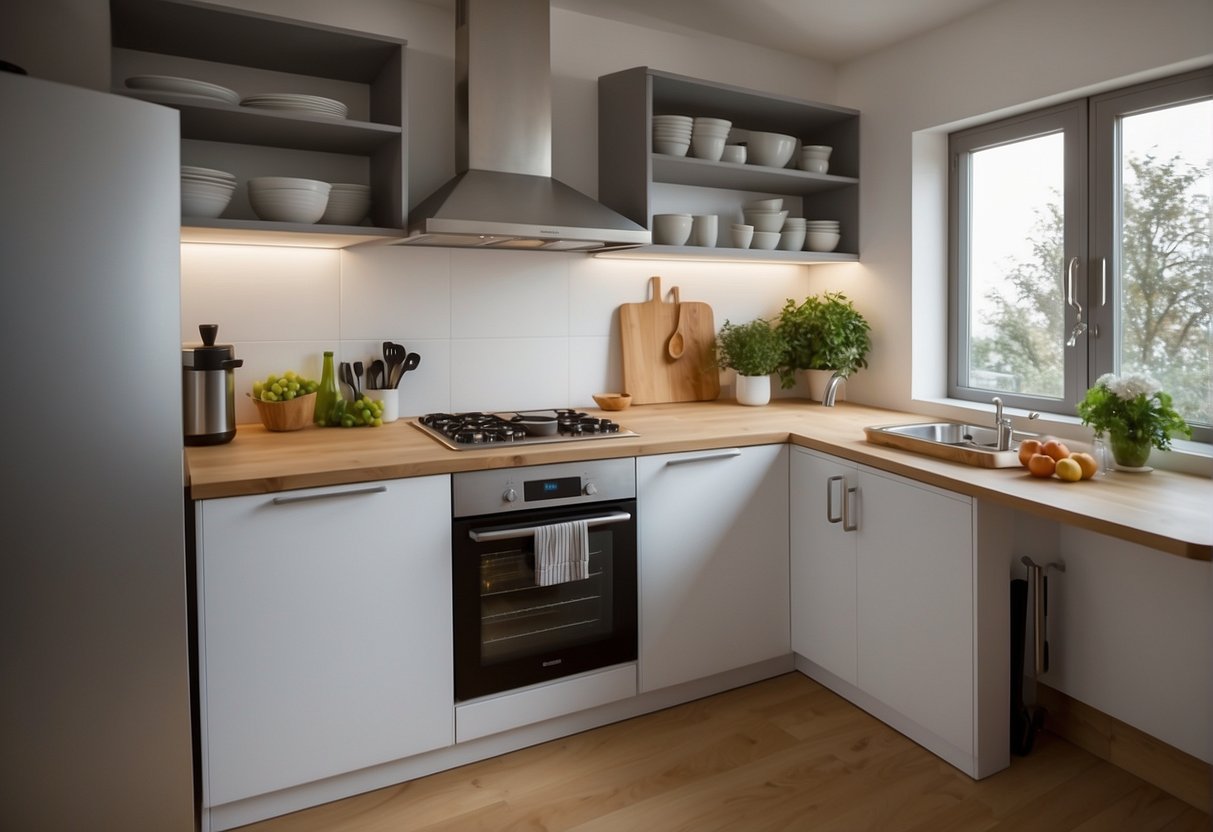 A small kitchen with efficient layout, space-saving storage, and natural light. Functional work triangle and multipurpose surfaces for cooking and dining