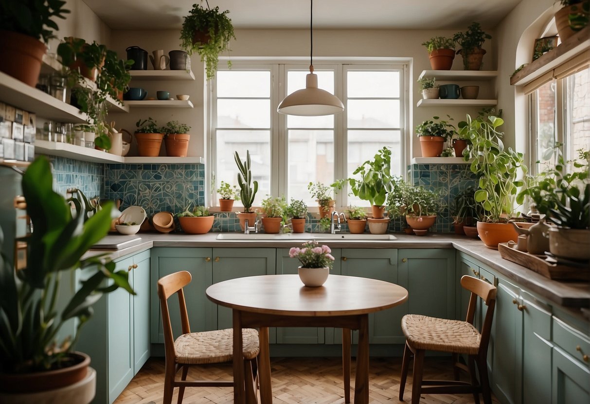 A kitchen with colorful, patterned tiles, hanging plants, and open shelving filled with decorative dishes and glassware. A cozy breakfast nook with a small table and mismatched chairs