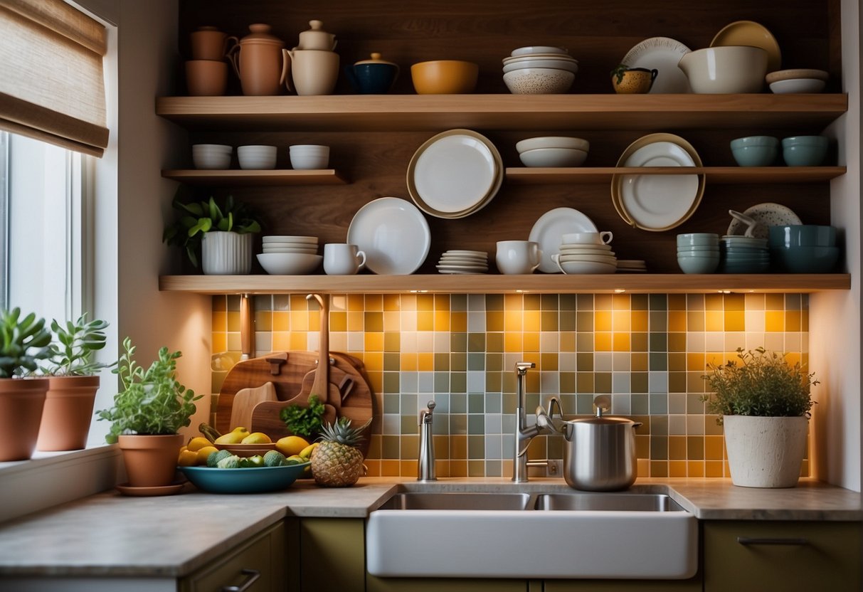 A cozy kitchen with personalized details: colorful backsplash, open shelving, hanging pots, and unique lighting fixtures. Compact and functional layout with clever storage solutions