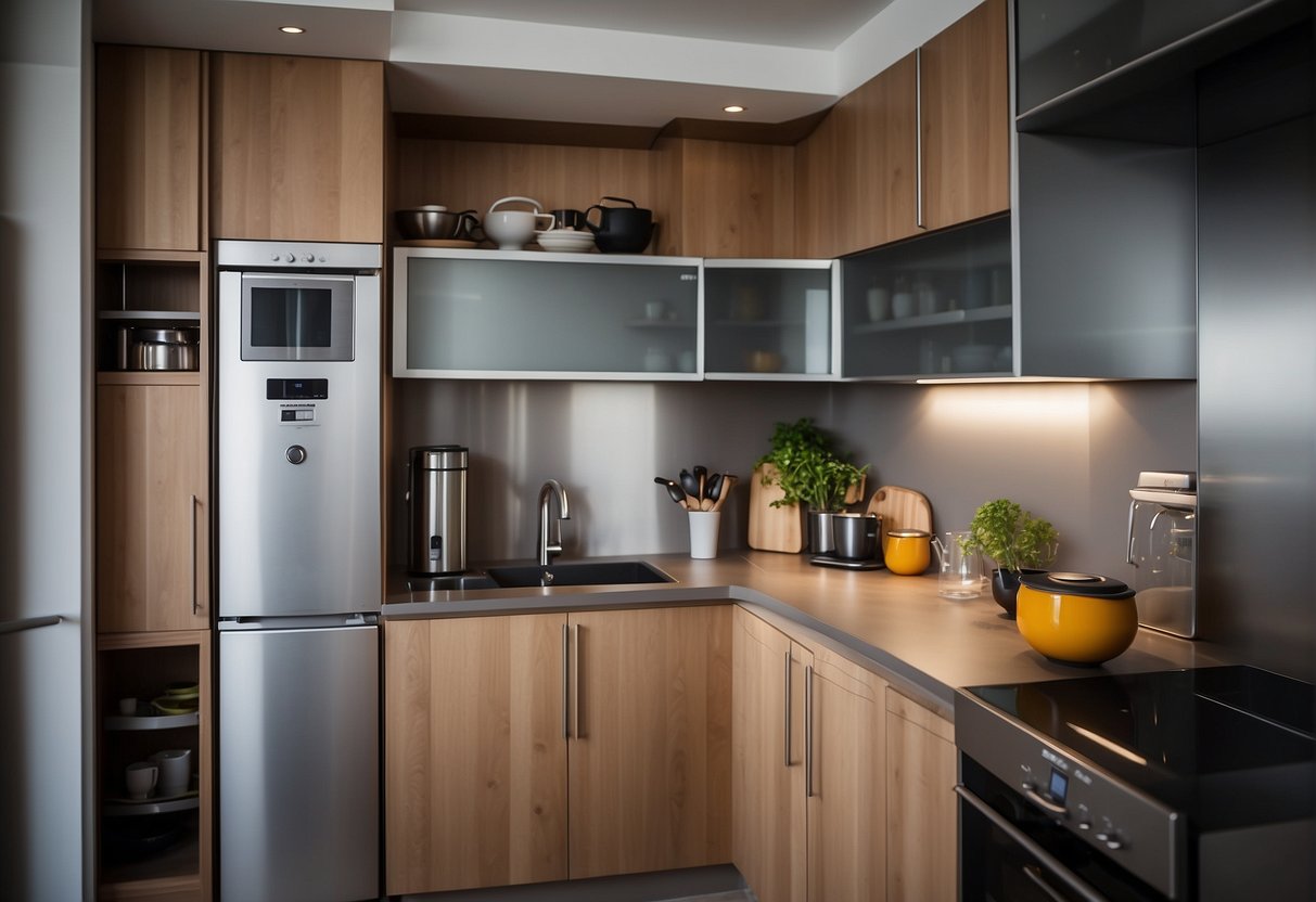 A small kitchen with shelves of appliances and hardware. Compact design with efficient use of space. Bright lighting and modern fixtures