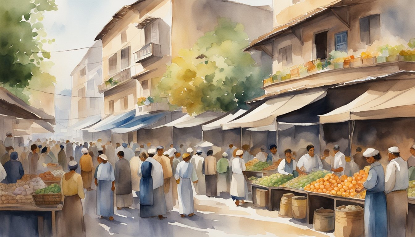 A bustling marketplace with vendors selling goods, while customers eagerly browse and negotiate prices.</p><p>Economic charts and graphs adorn nearby walls