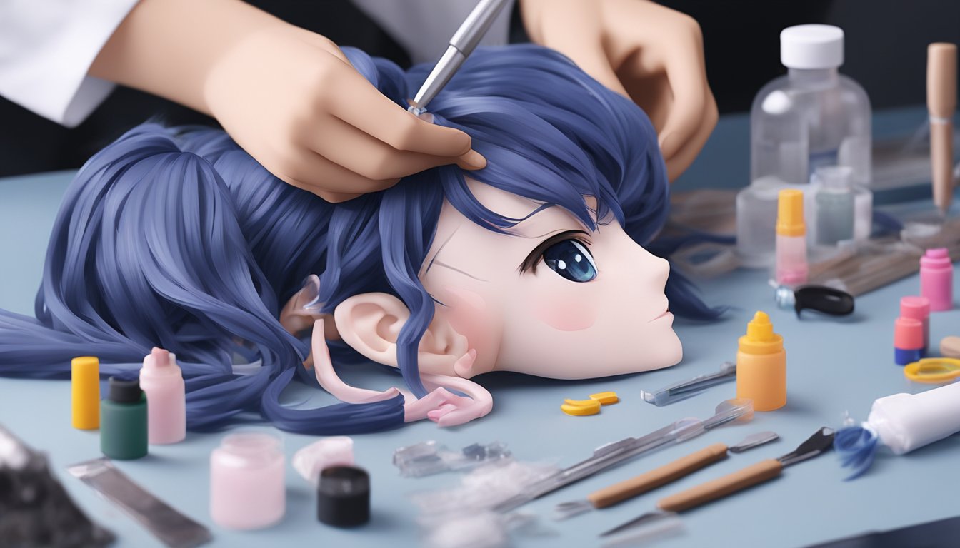 A silicone or TPE sex doll lies on a flat surface. A person uses a repair kit to mend a tear in the doll's seam