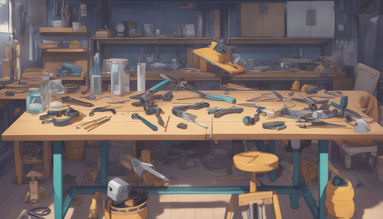 A table with tools and a disassembled sex doll. Step-by-step instructions nearby. Focus on the doll's body parts and the process of replacement