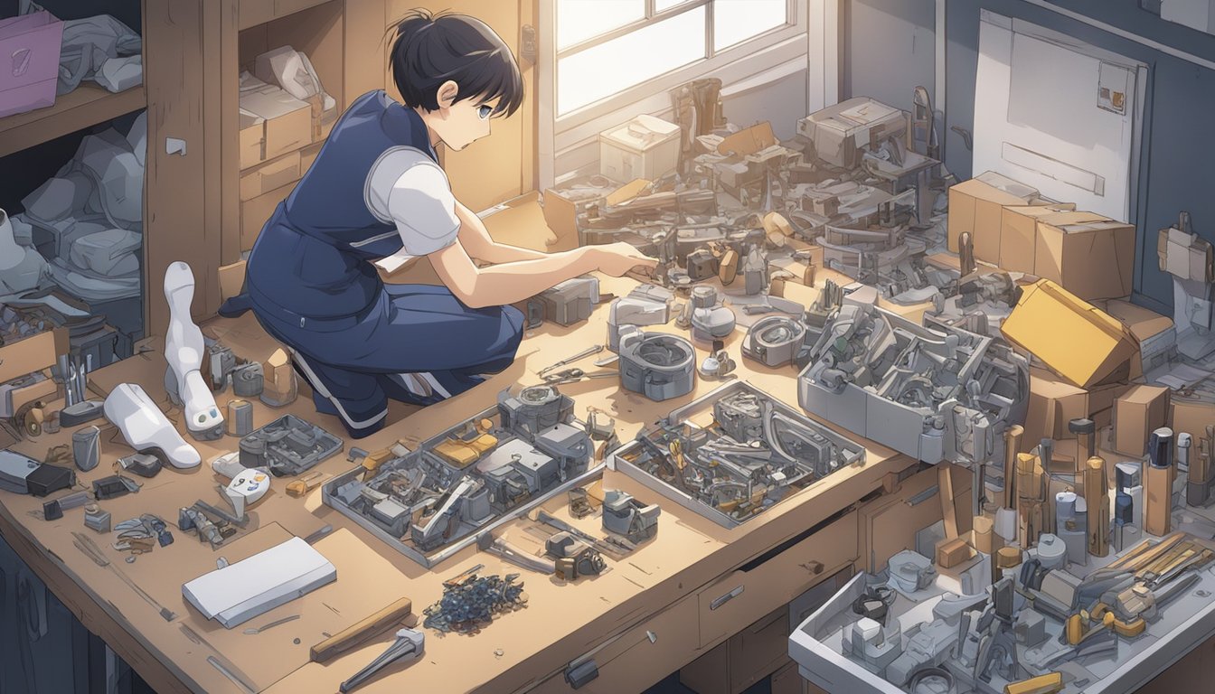 A hand reaching for a box of replacement parts, a damaged sex doll on a workbench, tools and instructions laid out nearby