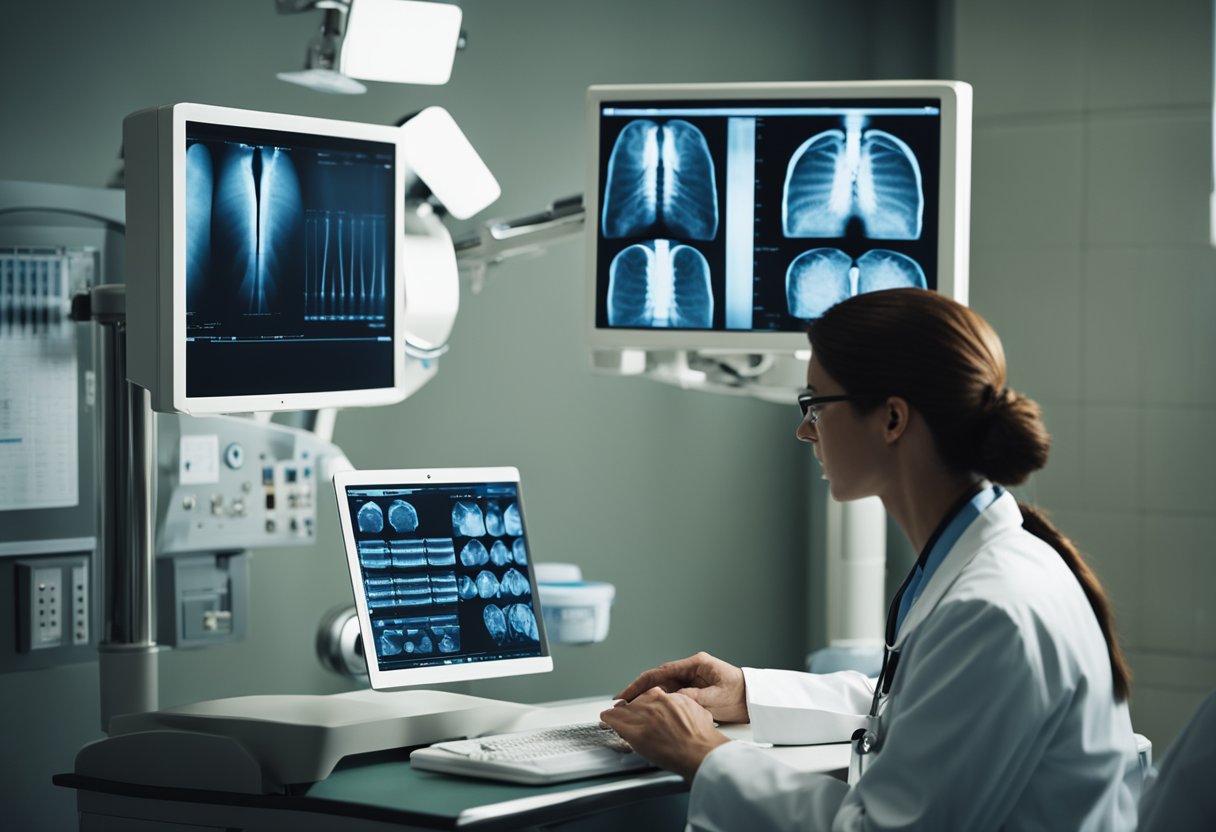 A doctor examines x-rays showing bone abnormalities. A patient receives treatment in a hospital room