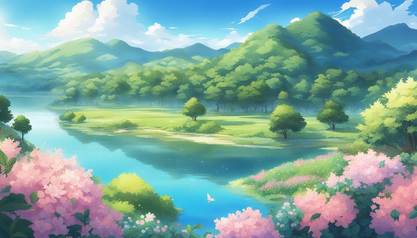 A serene landscape with a tranquil lake surrounded by vibrant flowers and lush greenery, with a clear blue sky overhead, showcasing the beauty of nature