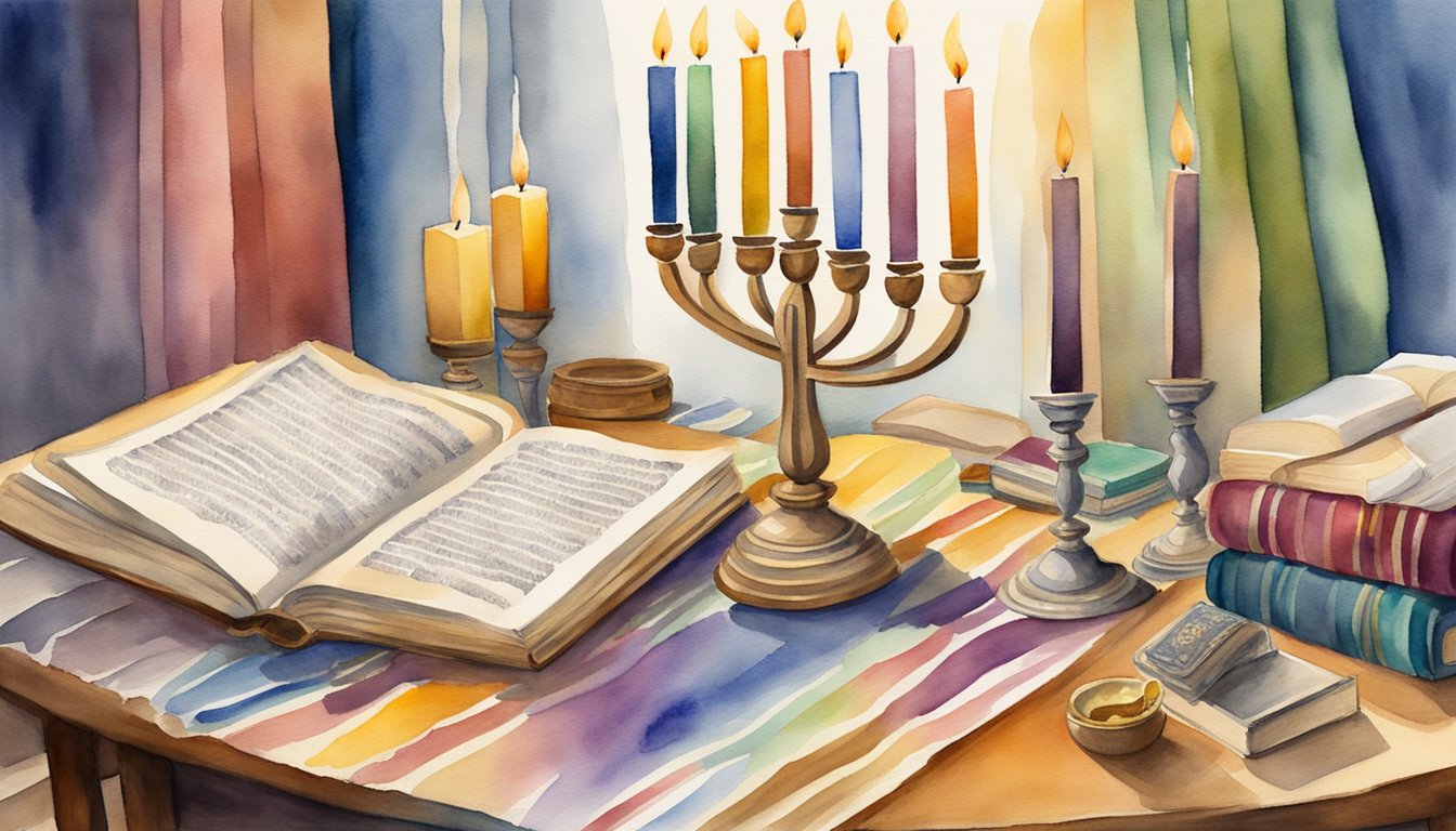 Menorah and Torah on a table, surrounded by prayer shawls and prayer books.</p><p>A rabbi leads a group in traditional prayers and rituals