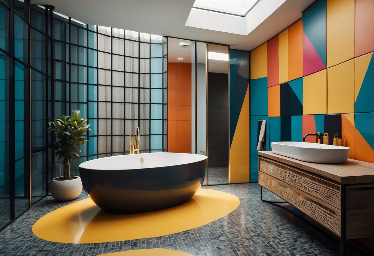 A sleek, minimalist bathroom with clean lines, geometric shapes, and pops of vibrant color. The room features a freestanding tub, floating vanity, and large mirror. The walls are adorned with abstract artwork and the floor is covered in retro-inspired tile