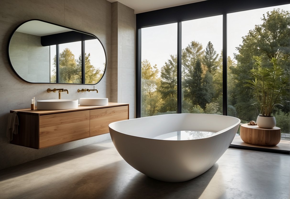 A sleek, minimalist bathroom with clean lines, geometric shapes, and natural materials. A freestanding tub, a floating vanity, and a large mirror reflect the essence of mid-century modern design