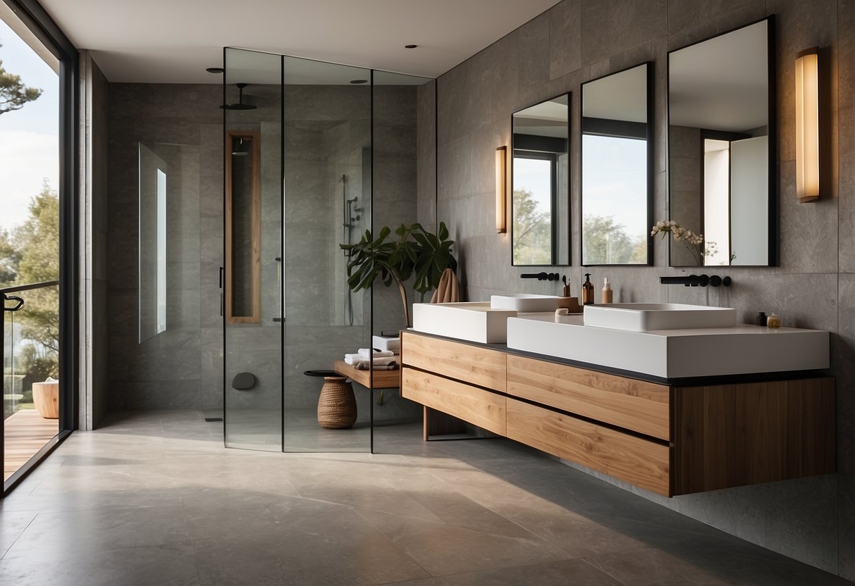 A sleek, minimalist bathroom with clean lines and geometric shapes. Natural materials like wood and stone are paired with sleek metal fixtures for a timeless mid-century modern look