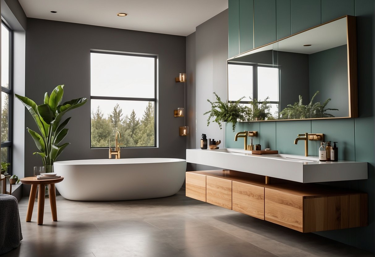 A sleek, minimalist bathroom with clean lines and geometric shapes. A floating vanity with integrated smart technology, a freestanding tub, and a large, frameless mirror. Warm wood accents and a pop of color add a touch of mid-century flair