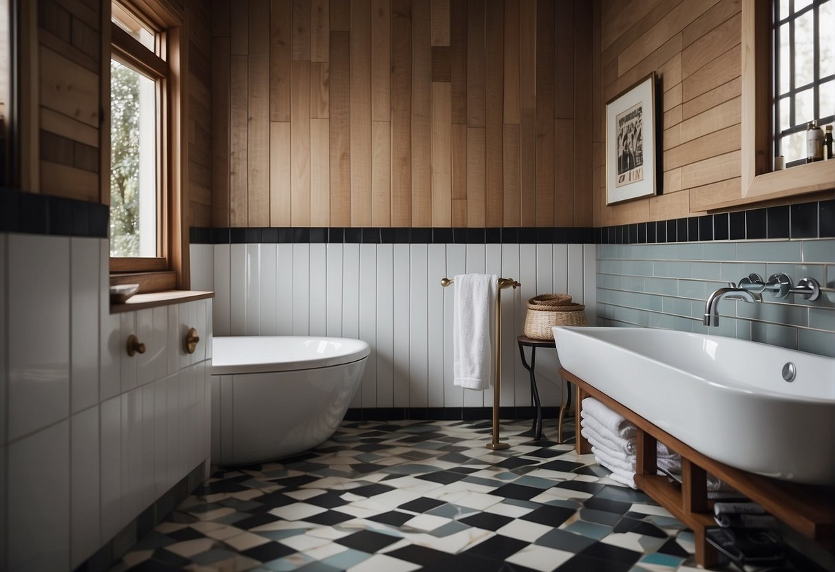 A bathroom with checkered black and white tile flooring, surrounded by wood paneling and accented with colorful mosaic tiles