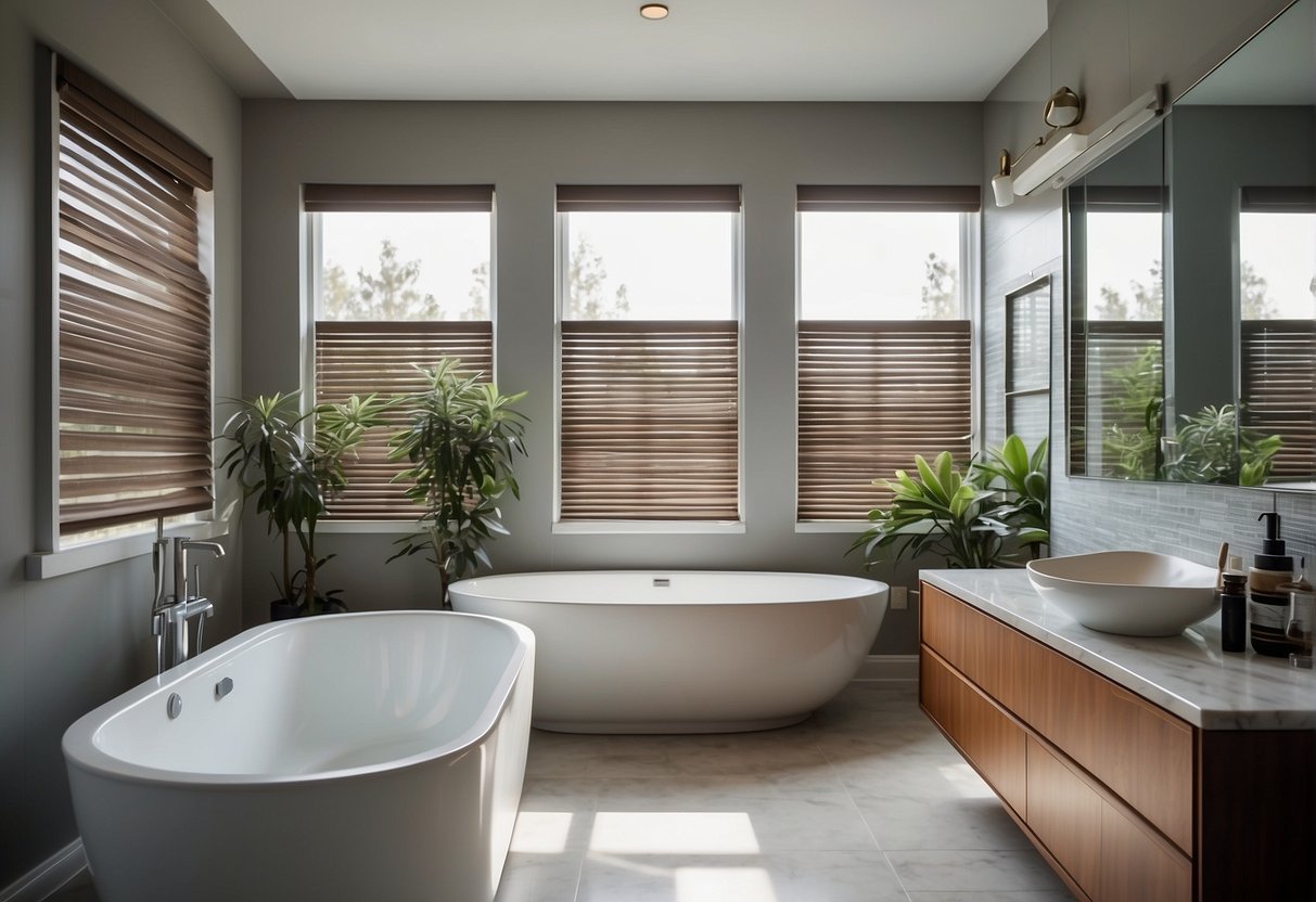 A mid-century modern bathroom with sleek window treatments offering various privacy options