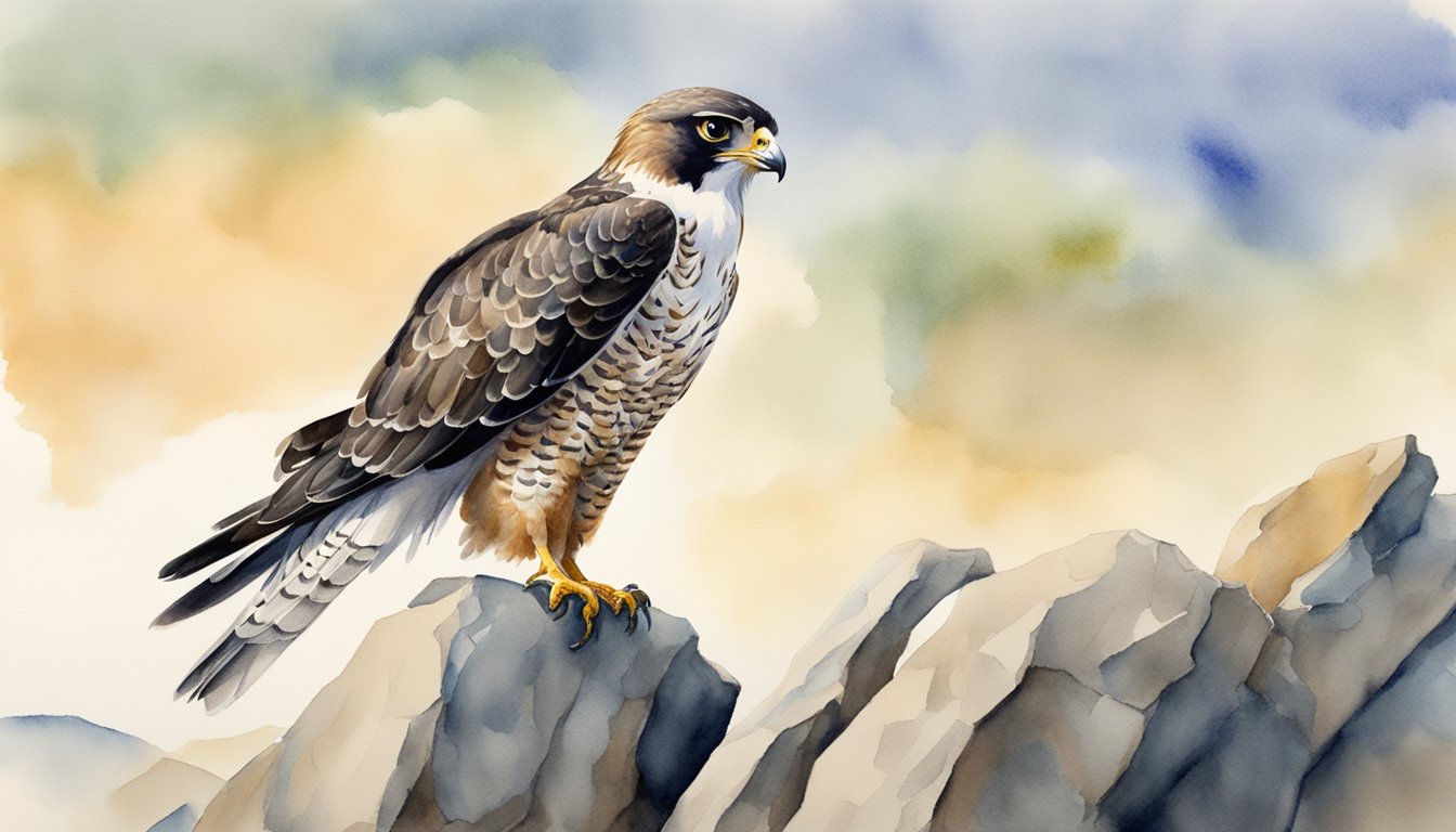 A falcon perches on a rocky outcrop, scanning the horizon with sharp eyes.</p><p>Its sleek feathers ruffle in the wind as it prepares to take flight