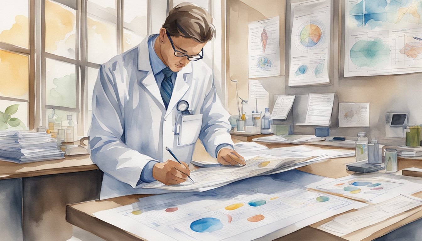 A medical professional studying anatomical diagrams and charts in a well-lit, organized office setting